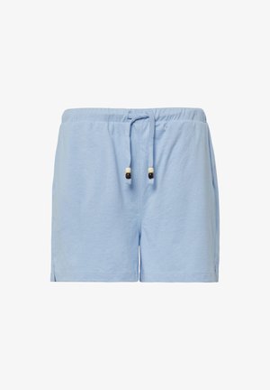 Lichtblauwe katoenen shorts met een elastische tailleband, voorzien van een trekkoord met houten kralen en zijsplitten voor extra bewegingsvrijheid.