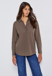 Langarm-Hemd mit Knopfleiste in einem sanften Olivgrün, mit Kragen, Dreiknopfleiste und abgerundetem Saum. Weicher, glatter Stoff.