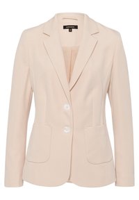 Blazer ajusté beige clair avec un col cranté, deux poches avant et des boutons blancs. Tissu lisse avec un design structuré.