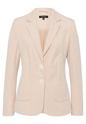 Blazer ajusté beige clair avec un col cranté, deux poches avant et des boutons blancs. Tissu lisse avec un design structuré.