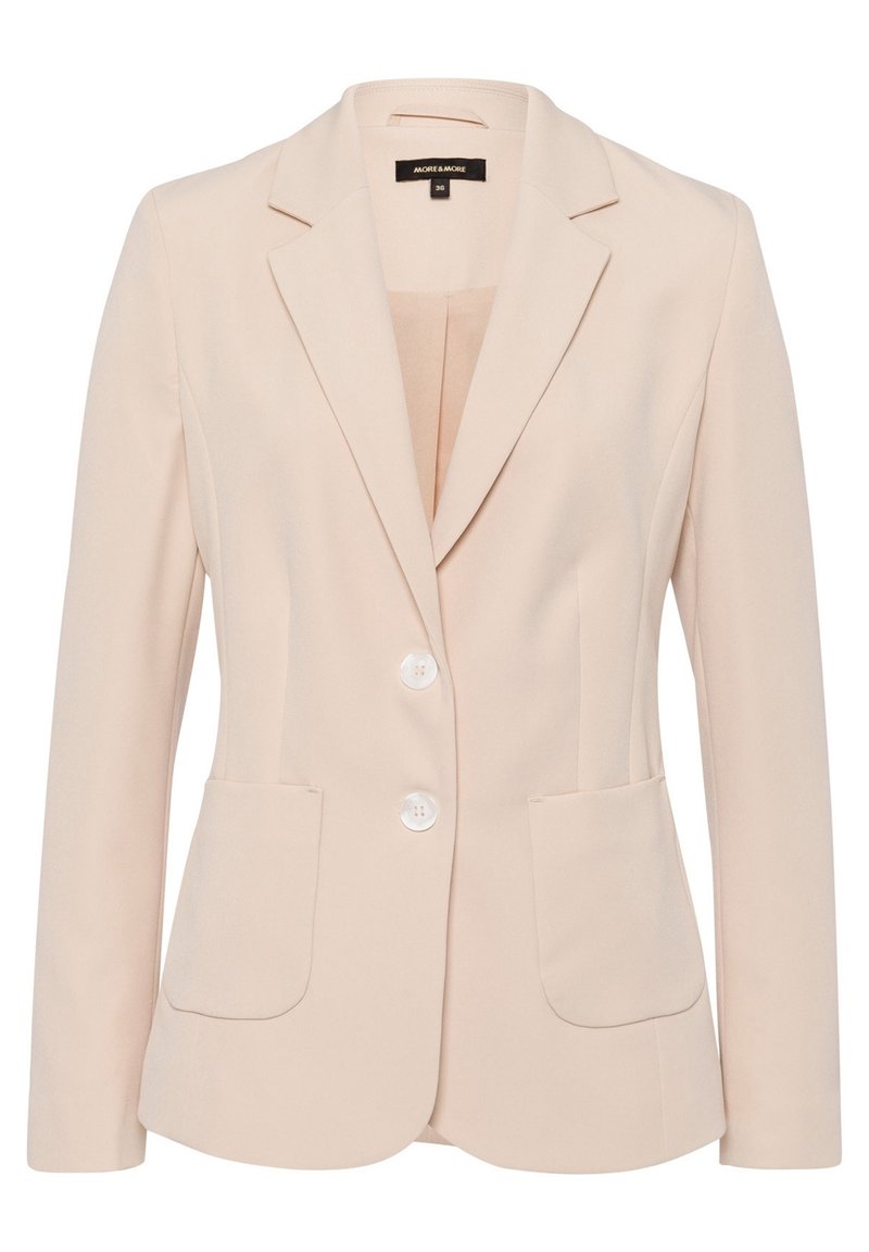 Blazer ajusté beige clair avec un col cranté, deux poches avant et des boutons blancs. Tissu lisse avec un design structuré.