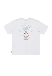 White cotton t-shirt featuring a graphic design on the back with a triangle and abstract shapes in brown and light blue.