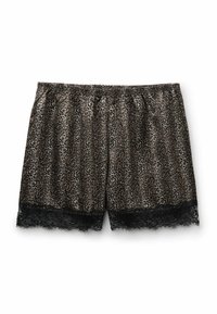 Kraťasy s leopardím potiskem jsou vyrobeny z měkké látky, mají elastický pas a černou krajkovou ozdobu na lemu. Vzor zobrazuje různé odstíny hnědé.