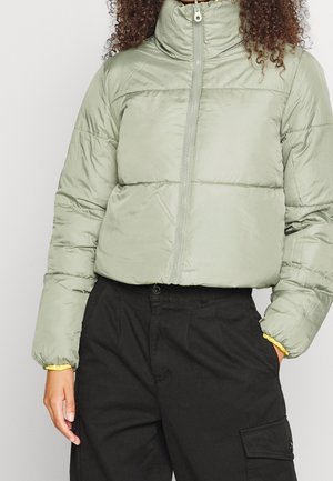 Persoon draagt een lichtgroene donzen jas met hoge kraag en zwarte broek met zijzak, staand met één hand in de zak.