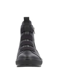 Bottines noires en cuir texturé, dotées de sangles élastiques, d'une fermeture éclair sur le côté et d'une semelle en caoutchouc striée.