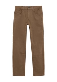 Bruine katoenen broek met rechte snit, voorzien van vijf zakken, een knoopsluiting en contrasterende stikseldetails. Zachte, gladde textuur.