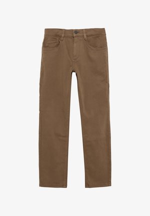 Brązowe bawełniane spodnie o prostym kroju, z pięcioma kieszeniami, zapięciem na guzik oraz kontrastowymi szwami. Miękka, gładka tekstura.