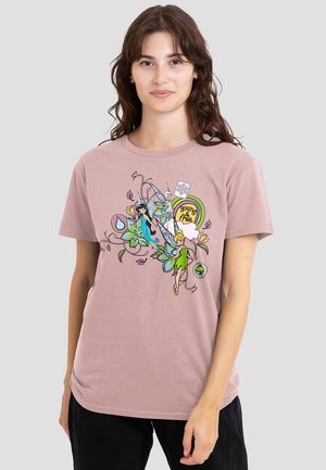 Light pink cotton t-shirt featuring a colorful graphic of fairies, flowers, and text that reads "young & free." Short sleeves, round neckline.