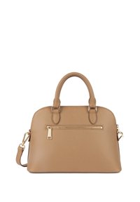 Borsa a mano in pelle color cuoio con forma strutturata, doppi manici superiori e tracolla rimovibile. Presenta una tasca frontale con zip e accessori in tonalità oro.