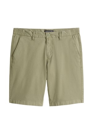 Herre beige bomuldsshorts med knap- og lynlåslukning, elastiske sidestykker, bæltestropper og forlommer.