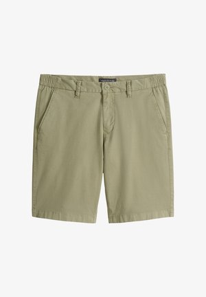 Herre beige bomuldsshorts med knap- og lynlåslukning, elastiske sidestykker, bæltestropper og forlommer.
