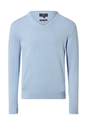 Pull col en V bleu clair en coton biologique. Caractérisé par un ourlet et des poignets côtelés, une texture lisse et une coupe ajustée.