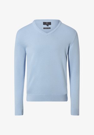 Pull col en V bleu clair en coton biologique. Caractérisé par un ourlet et des poignets côtelés, une texture lisse et une coupe ajustée.