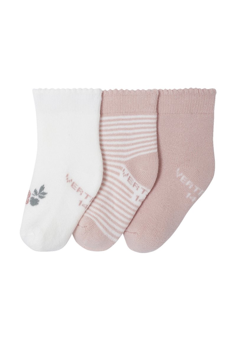 Drei Paar Babysocken in Weiß mit floralem Detail, hellrosa und weißen Streifen sowie einfarbig hellrosa, nebeneinander ausgelegt.