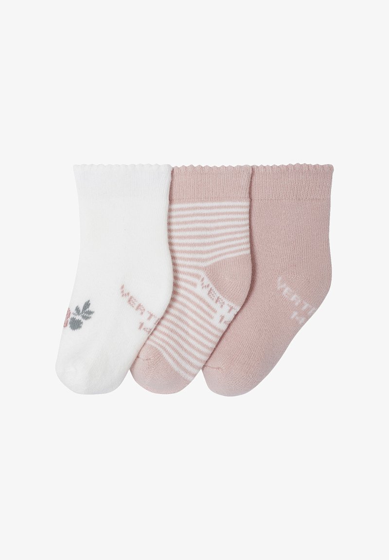 Drei Paar Babysocken in Weiß mit floralem Detail, hellrosa und weißen Streifen sowie einfarbig hellrosa, nebeneinander ausgelegt.