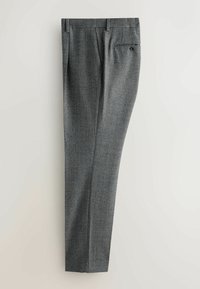 Grau karierte Hose mit geradem Schnitt, ausgestattet mit einer einzelnen Gesäßtasche und seitlichen Taschen, aus gewebtem Stoff mit glatter Textur.