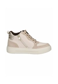 Sneaker montante en beige clair et crème. Caractéristiques d'un mélange de daim et de cuir, accents métalliques, lacets et fermeture éclair latérale. Design de semelle épaisse.