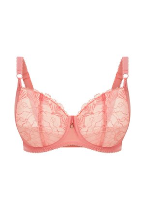 Brassière en dentelle corail doux, présentant des motifs floraux, un fermoir avant avec un accent doré, des bretelles réglables et un bord festonné.