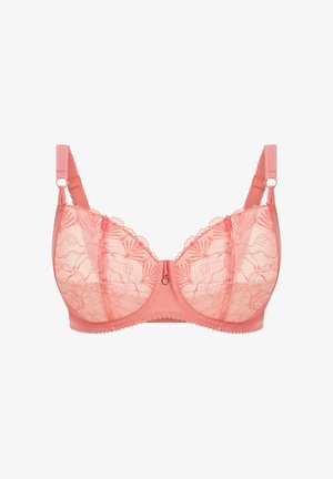 Bralette de encaje en coral suave, con patrones florales, cierre frontal con un detalle dorado, tirantes ajustables y borde festoneado.