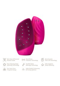 Appareil de nettoyage facial rose avec une surface en silicone texturée, une forme ergonomique, plusieurs boutons et des indicateurs de technologie à micro-courant.