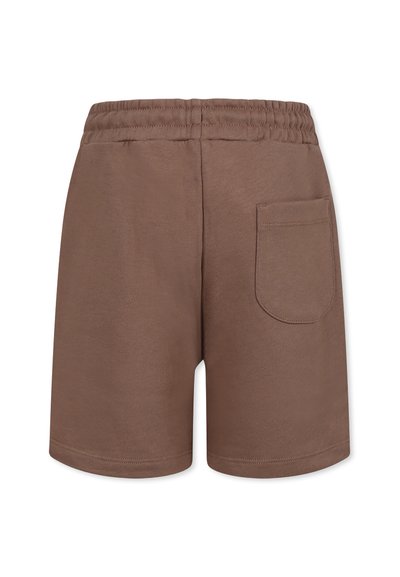 Shorts in cotone marrone con vita elastica, tasca sul retro e superficie liscia. Presenta una vestibilità rilassata e un taglio che arriva al ginocchio.