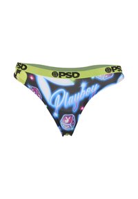 Stringi z zielonym paskiem w talii, z kolorowym wzorem graficznym przedstawiającym kości, serca oraz logo "Playboy" na czarnym tle.