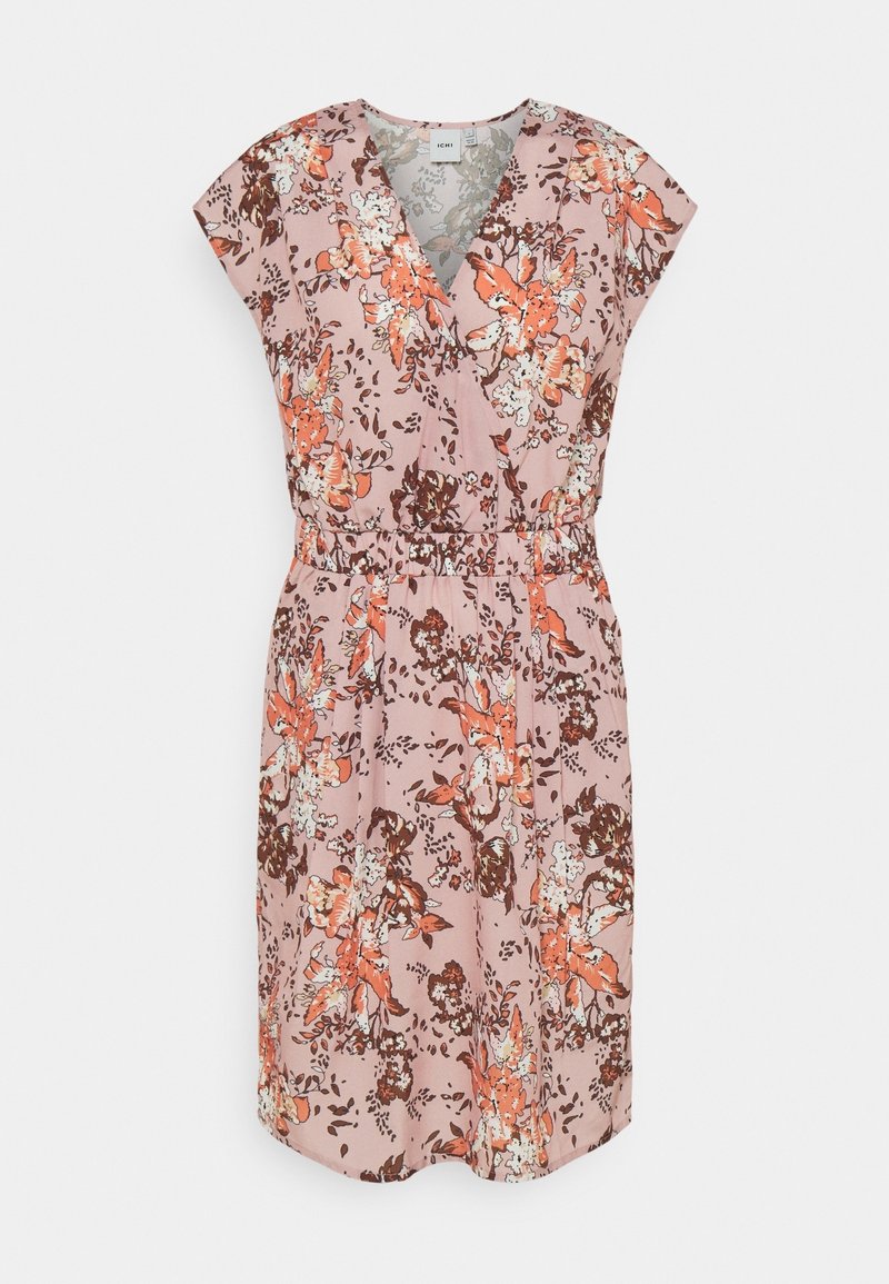 Robe florale avec un fond rose, ornée de fleurs orange et brunes, à manches courtes, avec un design enroulé et une taille élastique.