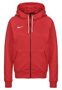 Sweat à capuche zippé rouge en tissu doux. Comprend une capuche, des cordons de serrage, des poches avant et un logo Nike blanc sur le côté gauche de la poitrine.
