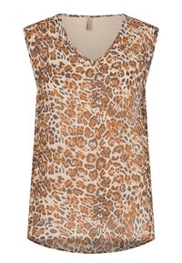 Top sin mangas en crema con un estampado de leopardo en naranja y marrón, que presenta un escote en V y una textura suave. Dobladillo redondeado en la parte inferior.