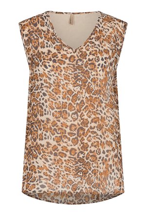 Ärmløs top i creme med et orange og brunt leopardprint mønster, med V-hals og glat tekstur. Rundet kant nederst.
