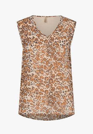 Top senza maniche di colore crema con un motivo di stampa leopardata arancione e marrone, caratterizzato da un collo a V e una texture liscia. Orlo arrotondato nella parte inferiore.