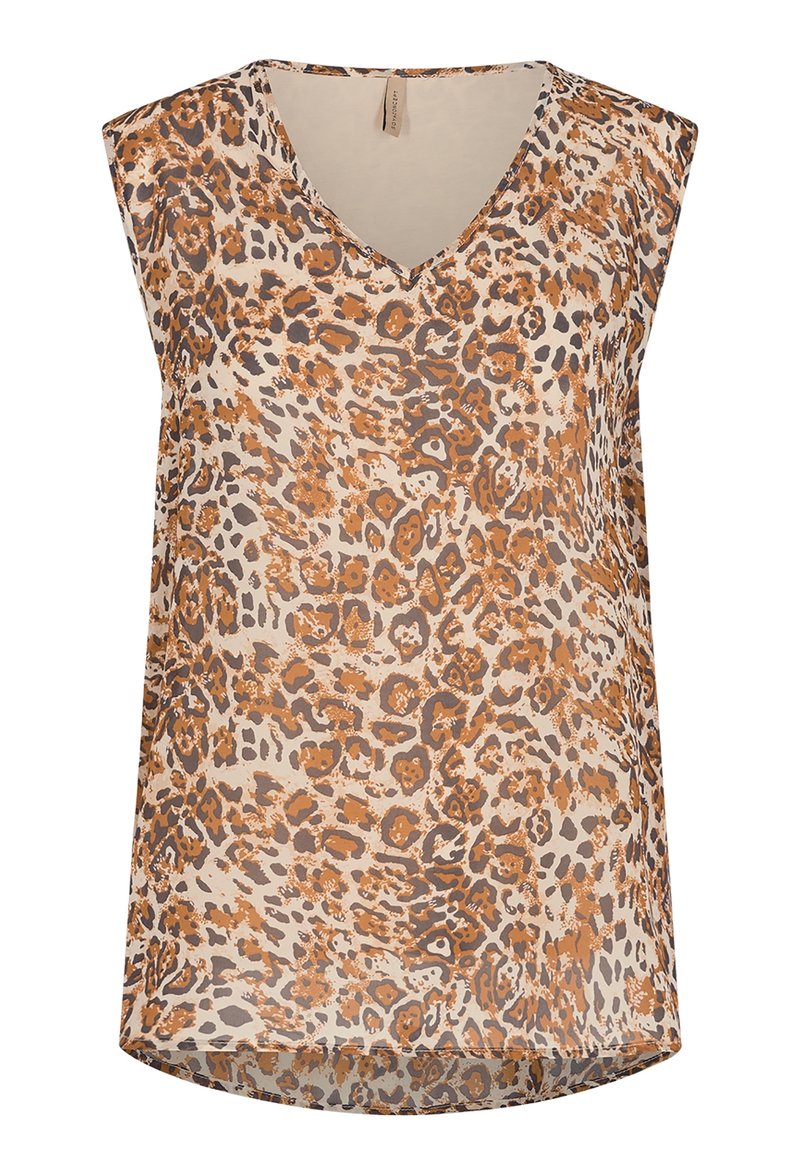 Top sin mangas en crema con un estampado de leopardo en naranja y marrón, que presenta un escote en V y una textura suave. Dobladillo redondeado en la parte inferior.