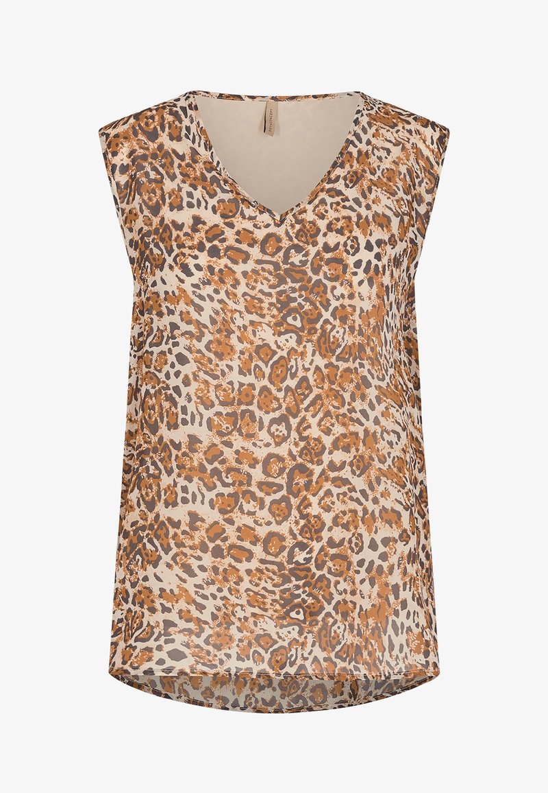 Top sin mangas en crema con un estampado de leopardo en naranja y marrón, que presenta un escote en V y una textura suave. Dobladillo redondeado en la parte inferior.