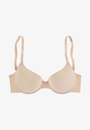 Soutien-gorge rembourré beige avec un tissu lisse, des bretelles réglables et une fermeture à crochet et œillet au dos. Design simple avec un minimum de détails.