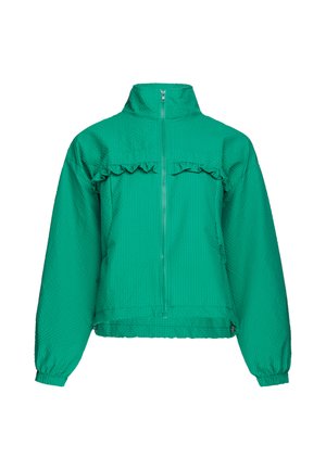 Grüne Langarmjacke mit Frontreißverschluss und Rüschendetail über der Brust, elastischen Bündchen und hohem Kragen, auf weißem Hintergrund gezeigt.