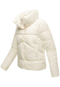 Doudoune de couleur crème clair avec un col haut, des boutons-pression et un design matelassé. Dispose de deux poches latérales et d'une silhouette ajustée.