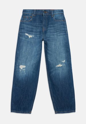 Blue denim jeans with a relaxed fit, distressed patches on both legs, classic five-pocket style, and button fastening at the waist.