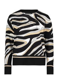 Schwarzer, weißer und beiger Pullover mit wellenförmigem Muster, rundem Ausschnitt, langen Ärmeln und einem einfarbigen schwarzen Saum am Bund.