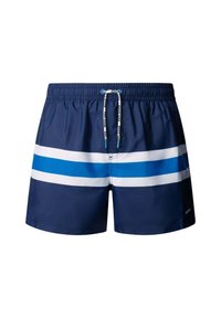 Mørkeblå badeshorts med hvide og lyseblå horisontale striber, elastisk talje og hvid snor med mærkets navn.