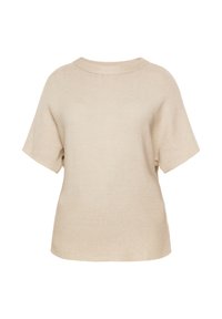 Beige pletený top s krátkými rukávy, širokým kulatým výstřihem a texturovaným vzorem tkaniny. Volný střih a rovný lem.