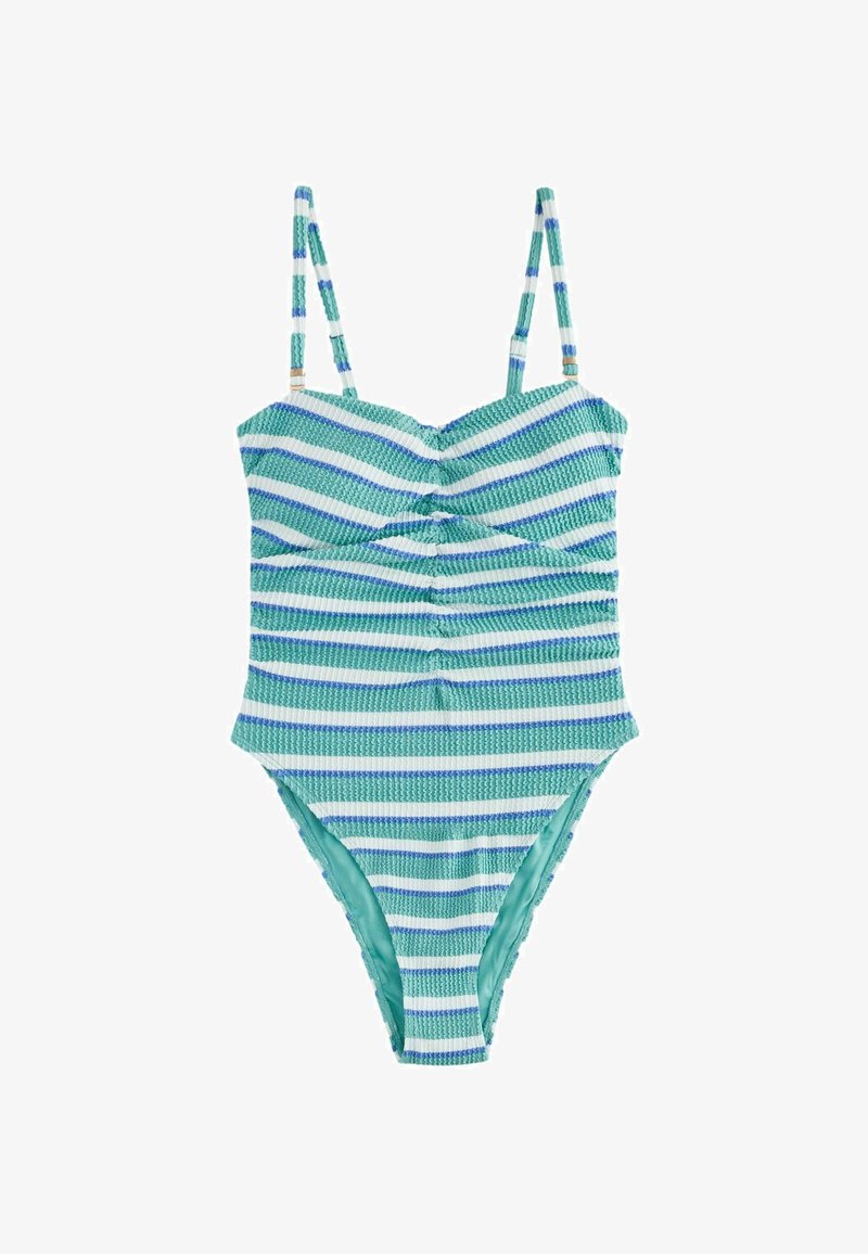 Einteiliger Badeanzug mit verstellbaren dünnen Trägern, strukturiertem Stoff und horizontalen Streifen in Türkis-, Weiß-, Blau- und Grüntönen.