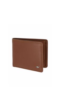Portefeuille en cuir marron bifold avec coutures visibles et petit emblème argenté dans le coin inférieur droit, présenté partiellement ouvert sur fond blanc.