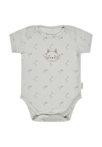 Light gray baby bodysuit with small floral print and a simple cat face illustration on the chest, featuring short sleeves and snap closures.