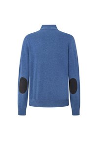 Maglione di lana blu con collo a camicia, maniche lunghe e toppe nere sui gomiti. Texture morbida, design classico e orlo a coste.