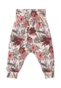 Bloemmotief harempantalons van zachte stof, met een hoge taille, in tinten roze, bordeaux en groen op een crèmekleurige achtergrond.