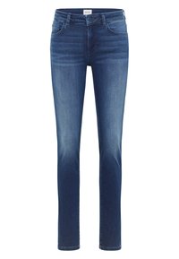 Jeans din denim cu spălare închisă, cu o croială slim, având talie medie, cinci buzunare, decolorări subtile și un design cu picior drept.
