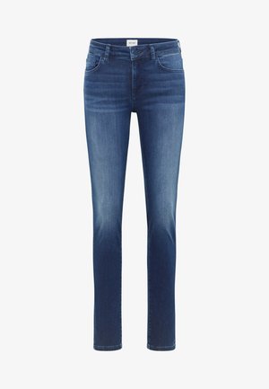 Donkerblauwe denim jeans met een slim fit, met een middelhoge taille, vijf zakken, subtiele vervaging en een rechte pijpdesign.