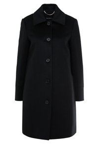 Cappotto di lana nera con design classico, ampio colletto e chiusura frontale con cinque bottoni. Texture liscia con maniche lunghe e taglio dritto.
