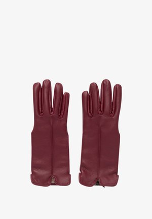 Bordeauxrode leren handschoenen met drie vingers per hand, een gladde textuur en een gespleten manchetontwerp.