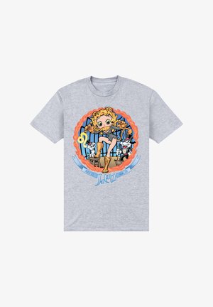 Grå bomulds t-shirt med et farverigt tegneserie-design, der viser en karakter, to dyr og teksten "Leo" i et blåt bånd.